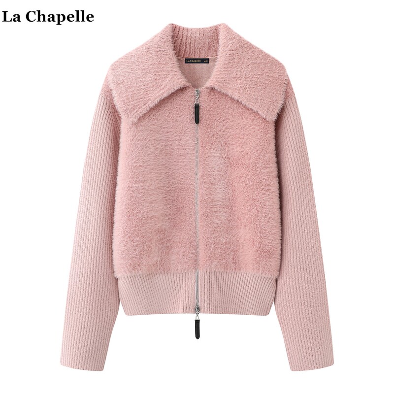 La Chapelle Large Lapel Faux Mink Sweater Coat for Women, New Autumn and Winter Soft Knit Sweater