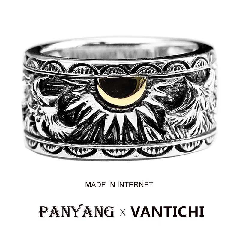 [Tự do tươi sáng] VANTICH925 Silver Eagle Nhẫn hàng ngày Nam Mặt rộng Ấn Độ Retro Nhẫn Châu Âu và Mỹ - Nhẫn