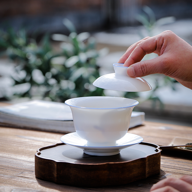 Pure Handmade Sweet White Porcelain Triple cover Bowl Tea Cup Home Kung Fu Tea Set Group Defied Thin Tire White Porcelain Bubble Tea Bowl