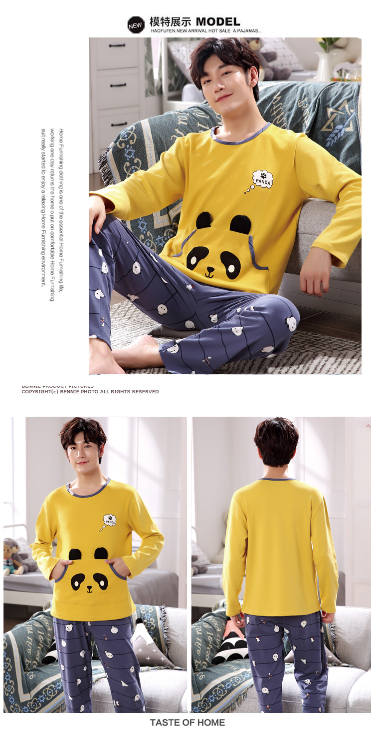 Đồ ngủ nam cotton dài tay mùa xuân và mùa thu hoạt hình thanh niên cotton mỏng phần dịch vụ gia đình cộng với phân bón XL bộ mặc nhà nam trung niên