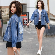 Áo khoác denim mùa xuân và thu đông 2019 thời trang nữ phiên bản Hàn Quốc của chiếc áo sơ mi denim ngắn tay đính cườm - Áo khoác ngắn
