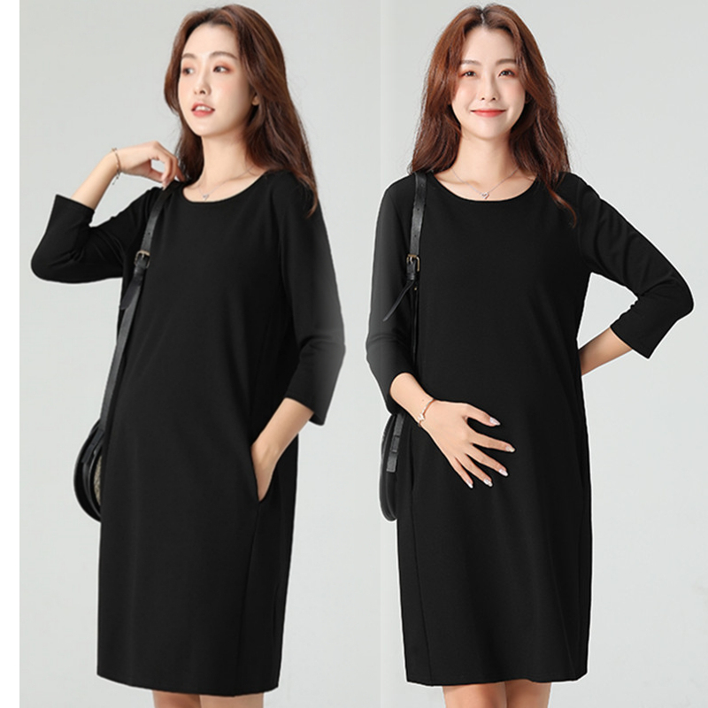 Maternity Workwear Spring and Autumn Style, Trendy Mom Long-Sleeve Work Clothes, Plus Size Loose Fit, Pure Cotton Black Workwear Autumn Dress