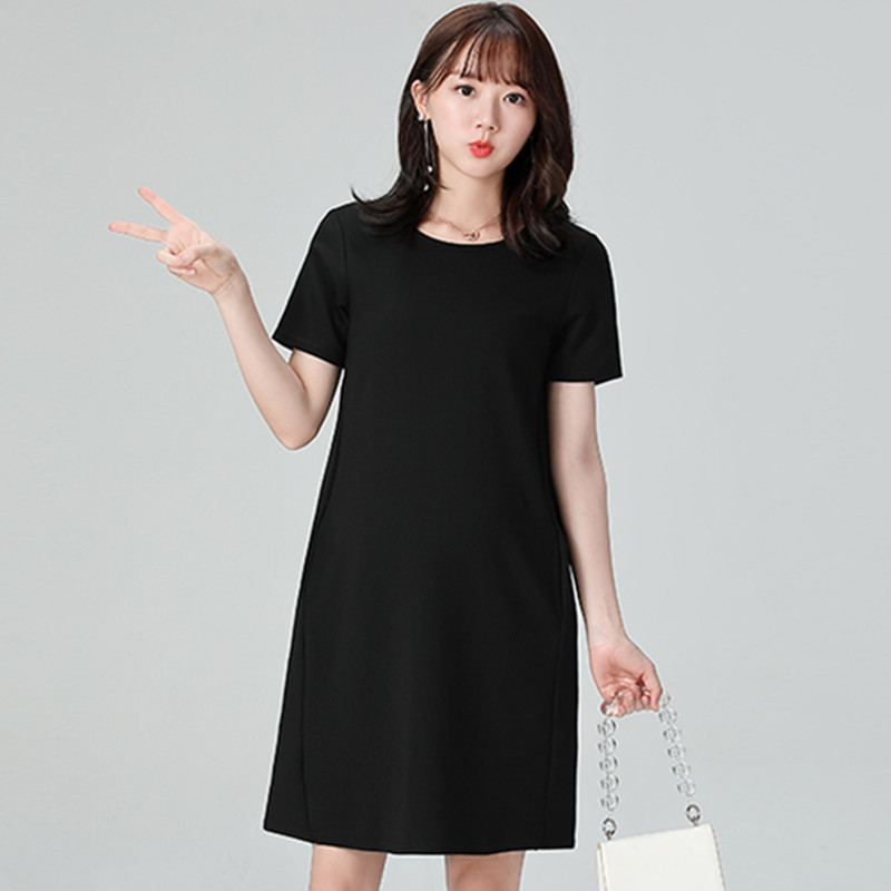 Maternity Summer Dress New Style Professional Work Clothes Korean Style Round Neck Mid-Length Large Size Black Short-Sleeved Maternity Dress