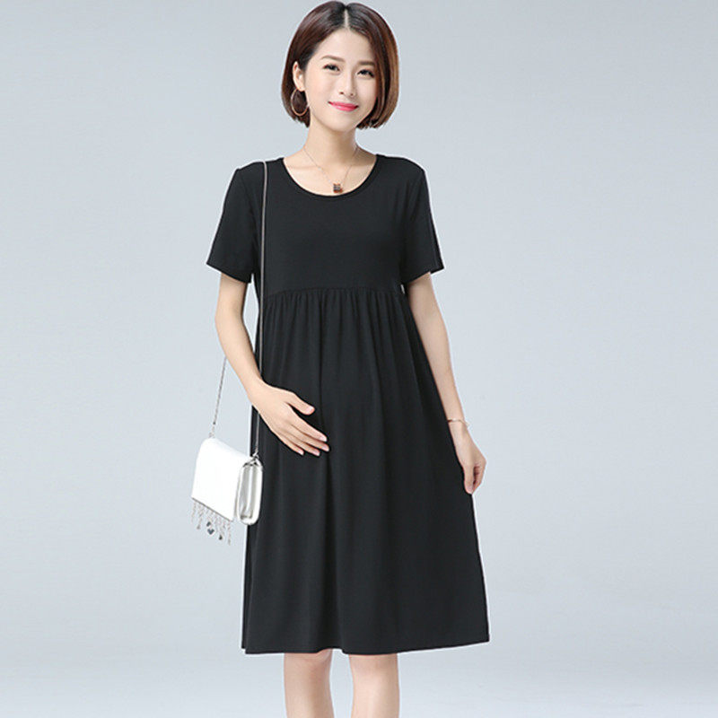 Pregnant Woman Summer Dress Foreign Dress 2022 New Round Collar T-shirt Dress Fashion Big Size Black Pure Cotton Professional Short Sleeve Long Ocean Dress
