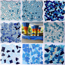 New swimming pool Blue Mediterranean Irregular mosaic broken parquet ceramic tiles Outdoor background wall Tree pool flower bed