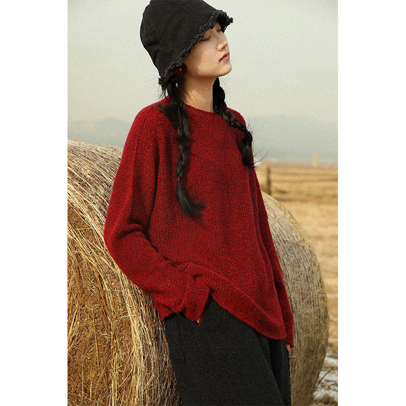 [Mulan Xue] Yunqi Special Blended Yarn with a Granular Texture, Thickened Round-Neck Pullover Sweater with a Loose Fit and Dropped Shoulders