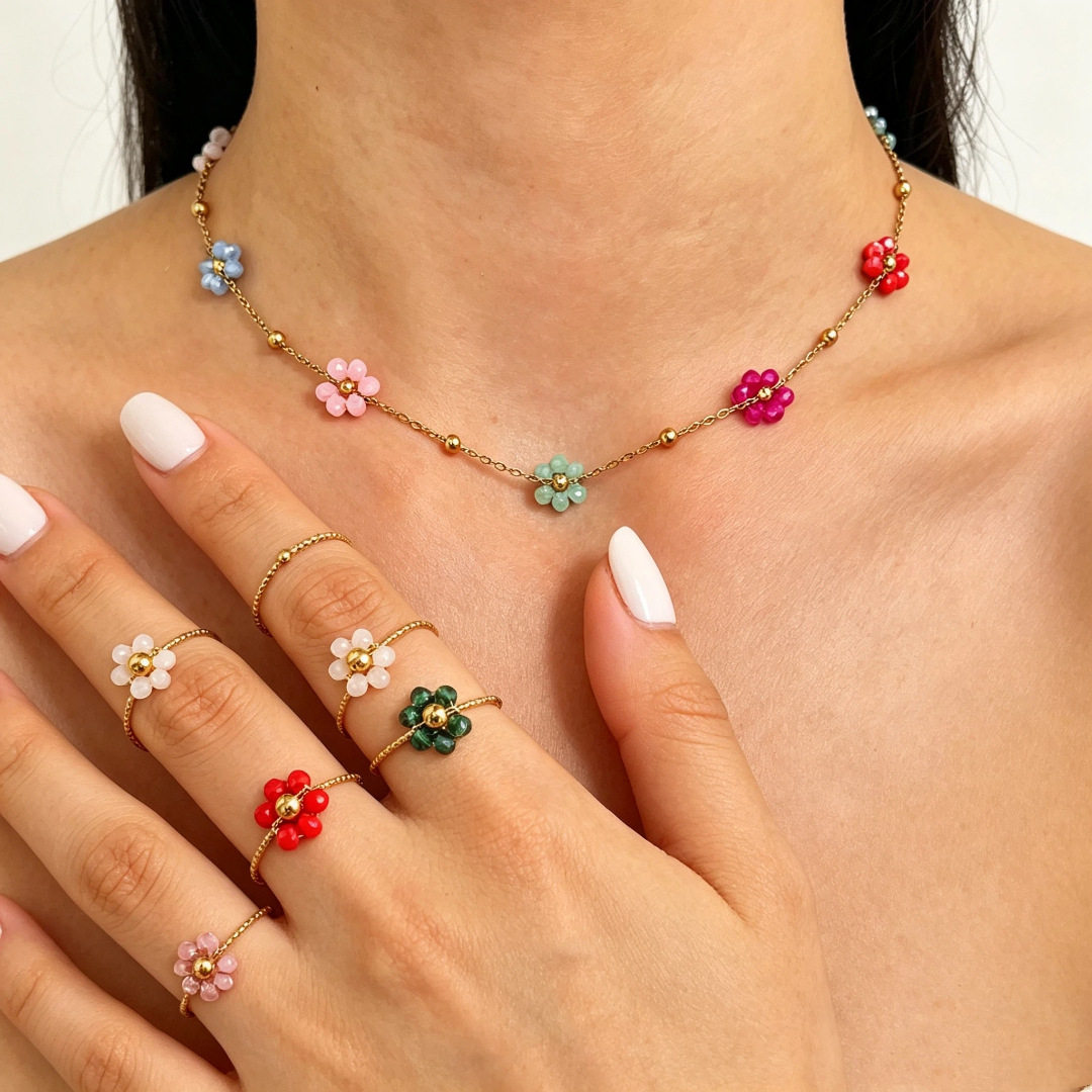 Six-petal crystal flower blooming on fingertips, titanium steel ring necklace
