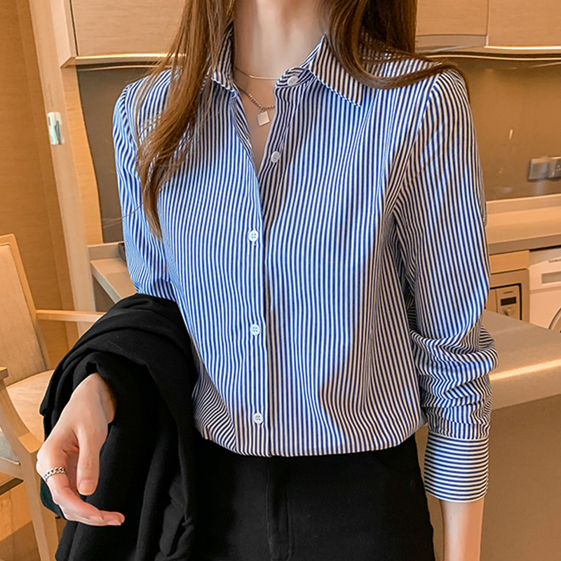 Blue Striped Shirt for Women, New Spring and Autumn Style, Layered Top, French Style, Mature Feel, Chiffon Shirt, Base Layer Blue Striped Shirt for Women, New Spring and Autumn Style, Layered Top, French Style, Mature Feel, Chiffon Shirt, Base Layer