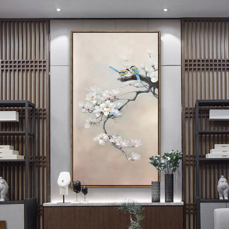 New Chinese-style auspicious flowers and birds hand-painted oil painting living room porch corridor dining room study hanging painting multi-joint combination decorative painting