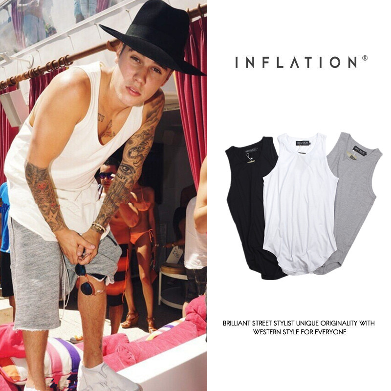Kanye European and American Street Fashion Brand High Street Curved Hem Extended Loose Solid Color Tank Top for Men Summer Base Layer Shirt