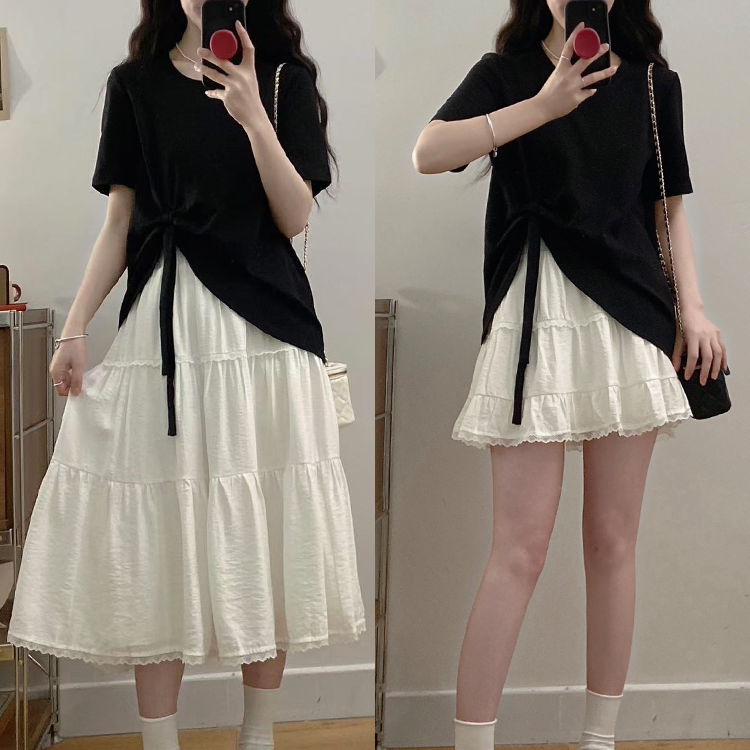 Real Photos in Stock: Plus-Size Women's Clothing, New Lace Cake Dress + Loose T-Shirt with Bow