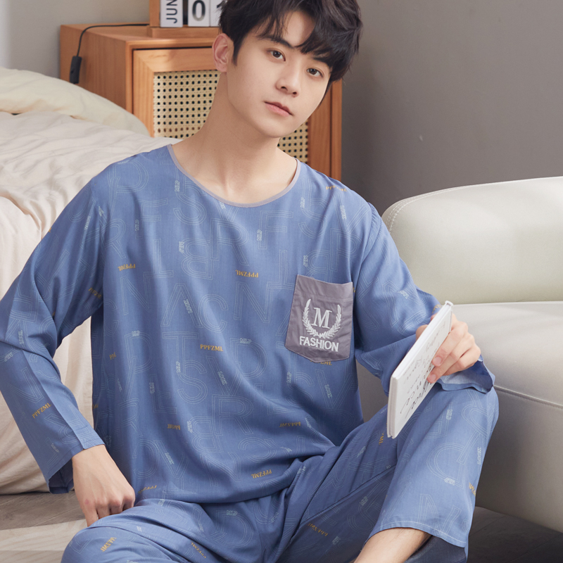 Spring and Summer Men's Fashionable and Handsome Cotton Silk Thin Long-Sleeved Anti-Mosquito Pajamas Breathable and Sweat-Absorbent Artificial Cotton Home Clothes Set