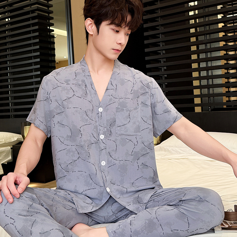 Summer Cotton Silk Men's Elegant and Stylish Thin Short-Sleeve Long Pants Pajamas, Loose-Fitting Rayon Home Air-Conditioning Clothing Set for Young Men
