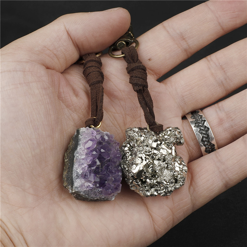 European and American Retro Natural Amethyst Cluster Crystal Raw Stone Keychain Pendant for Women, Shark Tooth Fossil Pyrite Backpack Buckle