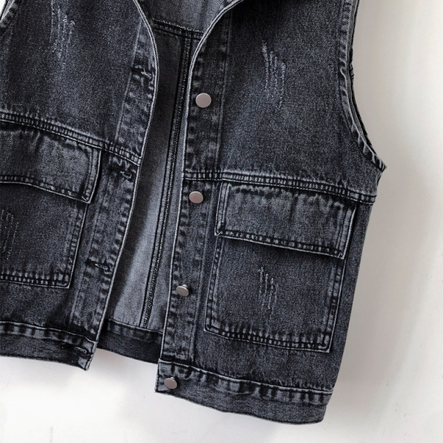 ສີດໍາ Casual Denim Vest ແມ່ຍິງ Vest Retro 2024 ພາກຮຽນ spring ແລະດູໃບໄມ້ລົ່ນໃຫມ່ວ່າງຂະຫນາດໃຫຍ່ Jacket Vest Clip Sleeveless