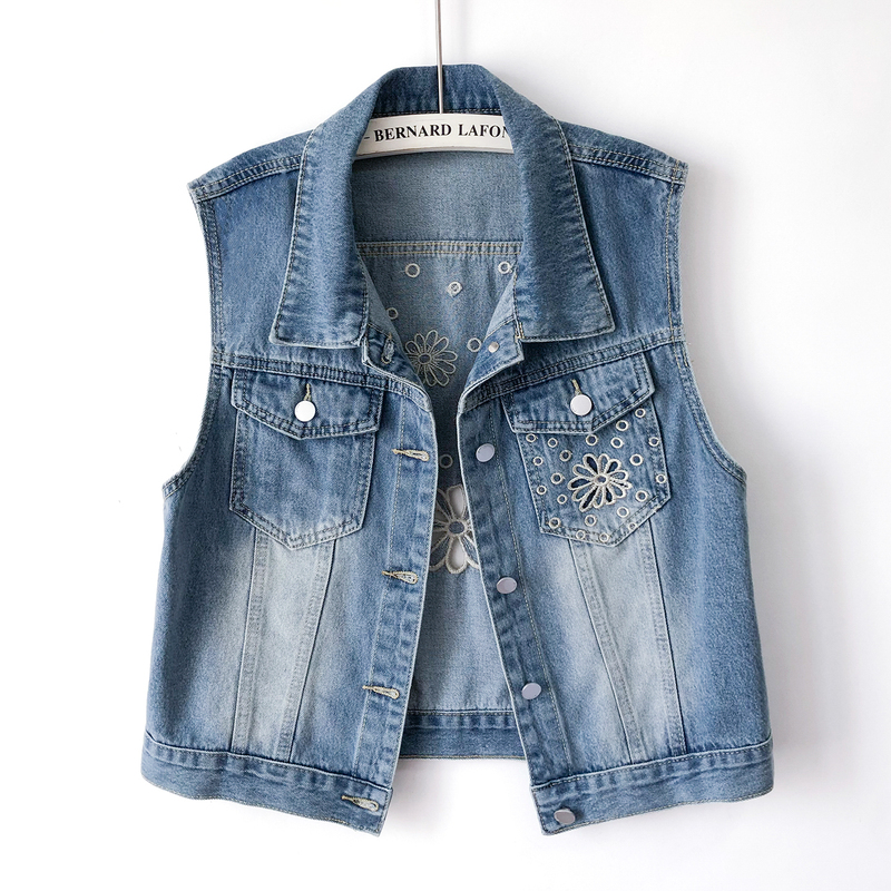 European Retro Hollow-Out Floral Denim Vest for Women, Short Sleeveless Slimming Waistcoat Jacket, 2026 Spring/Summer New Trendy Style