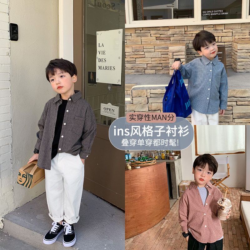 Source Home Children's clothes new children Spring installation Han edition boy shirt plaid blouses baby lining the ocean wave