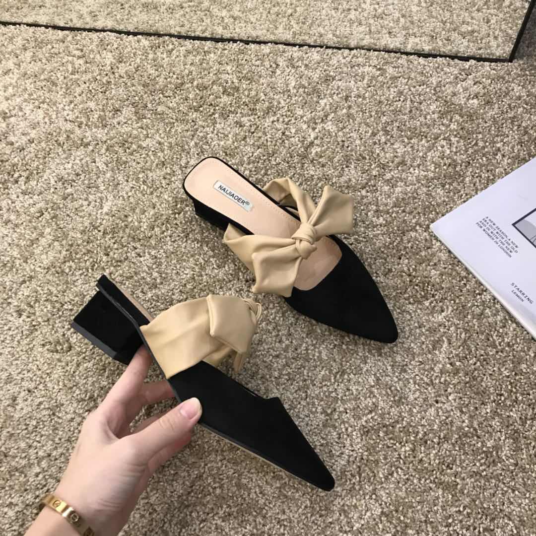 French thick-heeled sandals and slippers women's shoes summer high-heeled bow-knot middle-heeled small fragrant wind Baotou half-slipper shoes