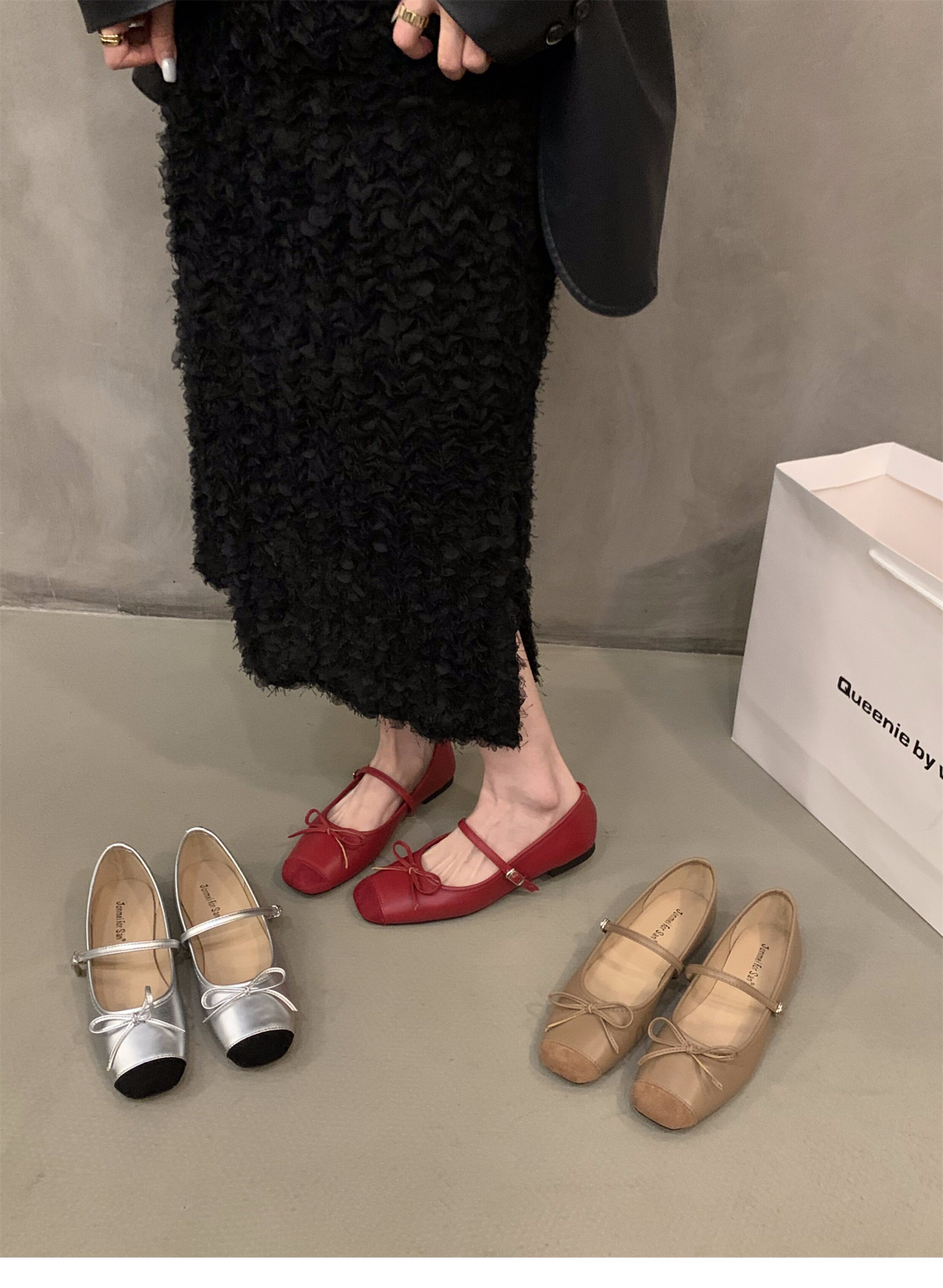 Туфли Мэри Джейн 法式平底小香风玛丽珍红色包鞋女鞋子2024年新款春秋季银色晚晚鞋