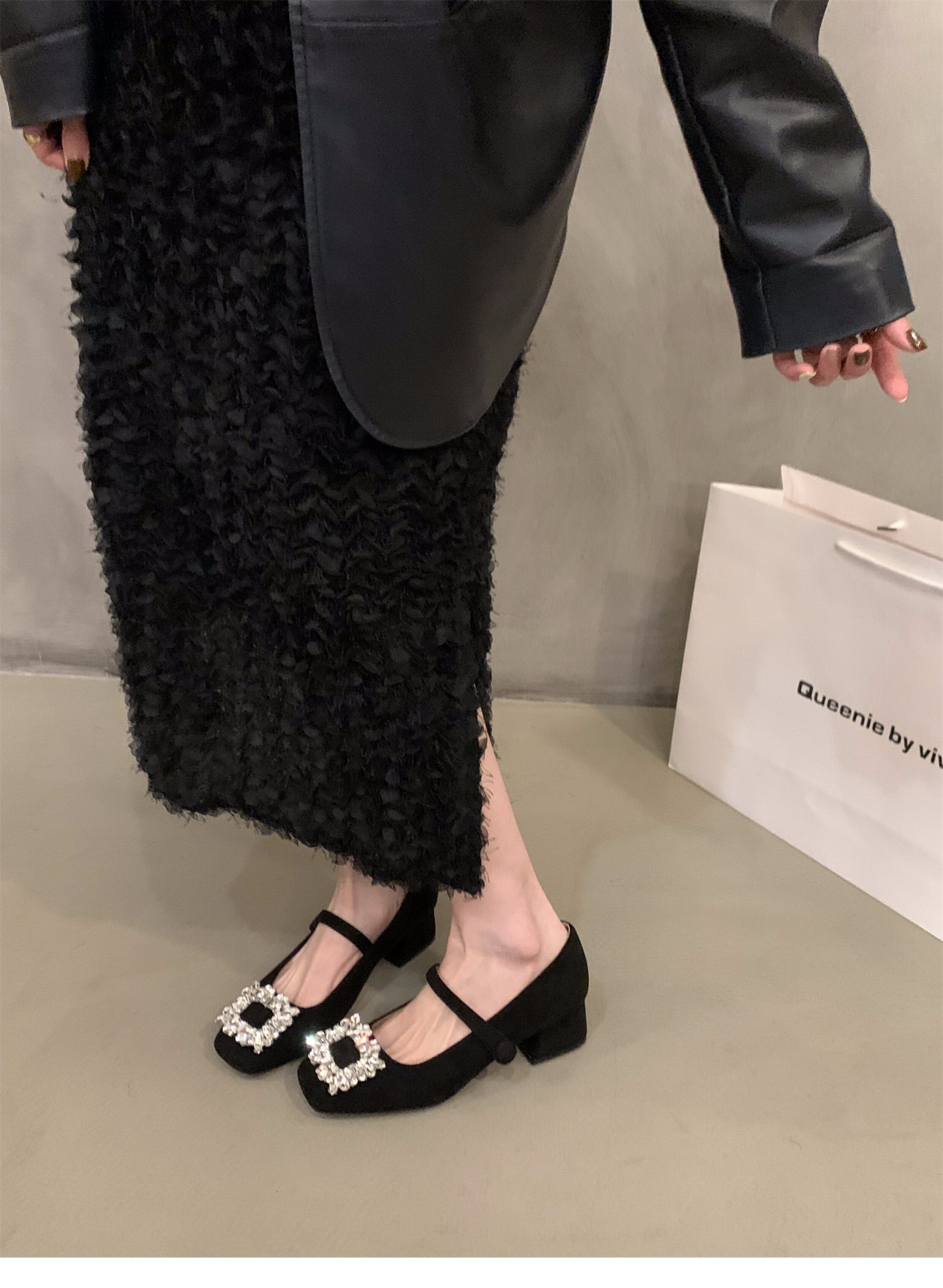 Туфли Мэри Джейн 法式中高跟黑色方头水钻单鞋女鞋子2024新款春秋冬季玛丽珍晚晚鞋