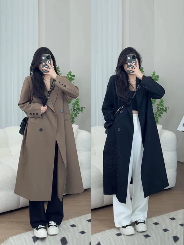Длинный ретро-костюм, trench coat, осенняя куртка, стиль высокого качества, оверсайз, до середины икры