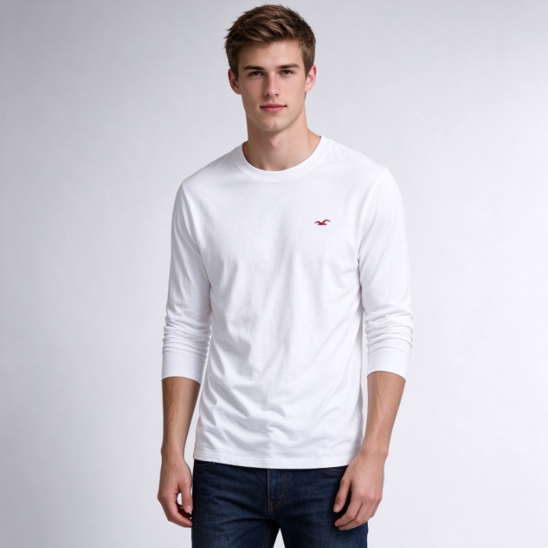 Hollister Little Seagull Men's Long Sleeve T-Shirt Spring and Autumn White Crew Neck Pure Cotton Versatile Casual Solid Color Base Shirt Hollister Little Seagull Men's Long Sleeve T-Shirt Spring and Autumn White Crew Neck Pure Cotton Versatile Casual Solid Color Base Shirt