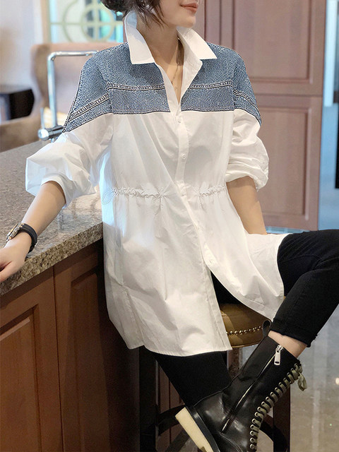 Denim print stitching mid-length shirt women's loose stand-up collar waist long-sleeved top 2023 spring and autumn new European goods