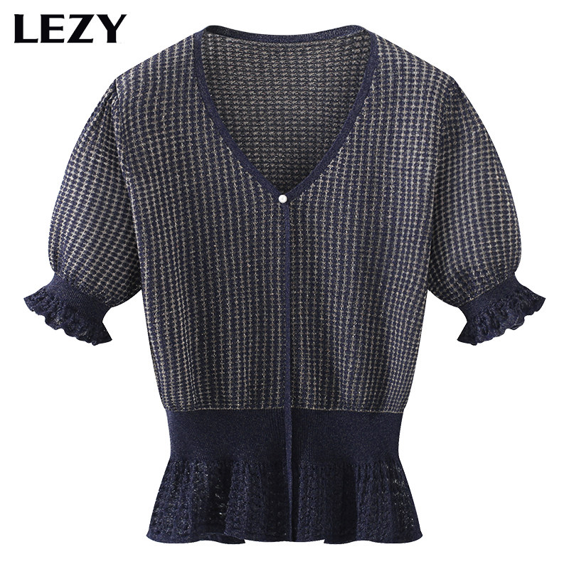 Lipose LEZY Spring Summer New Vintage Ice Silk Striped Slim Knit Blouse Lotus Leaf Side V Collar Short Sleeve T-shirt Female Summer