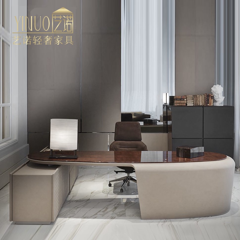 Italian Bentley Desk, Light Luxury Executive Office Desk, Corner Large Desk, Modern Study Room Solid Wood Desk with Integrated Cabinet