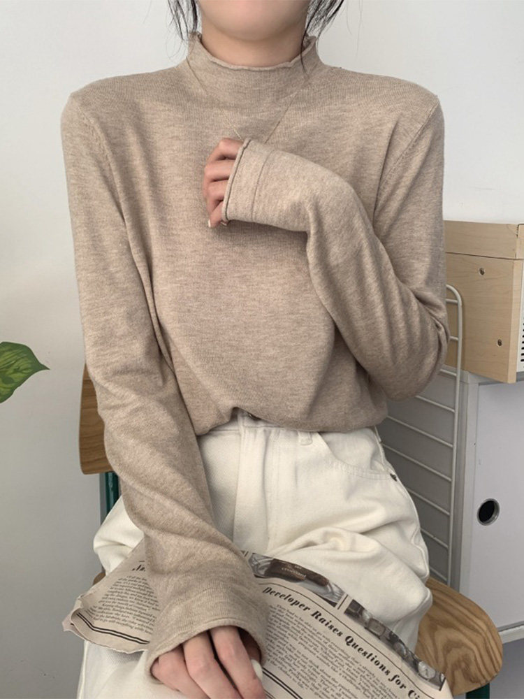 Autumn and winter Korean tie half high collar bottom shirt with slim pure color 100 lap trendy long sleeve T-shirt-Taobao
