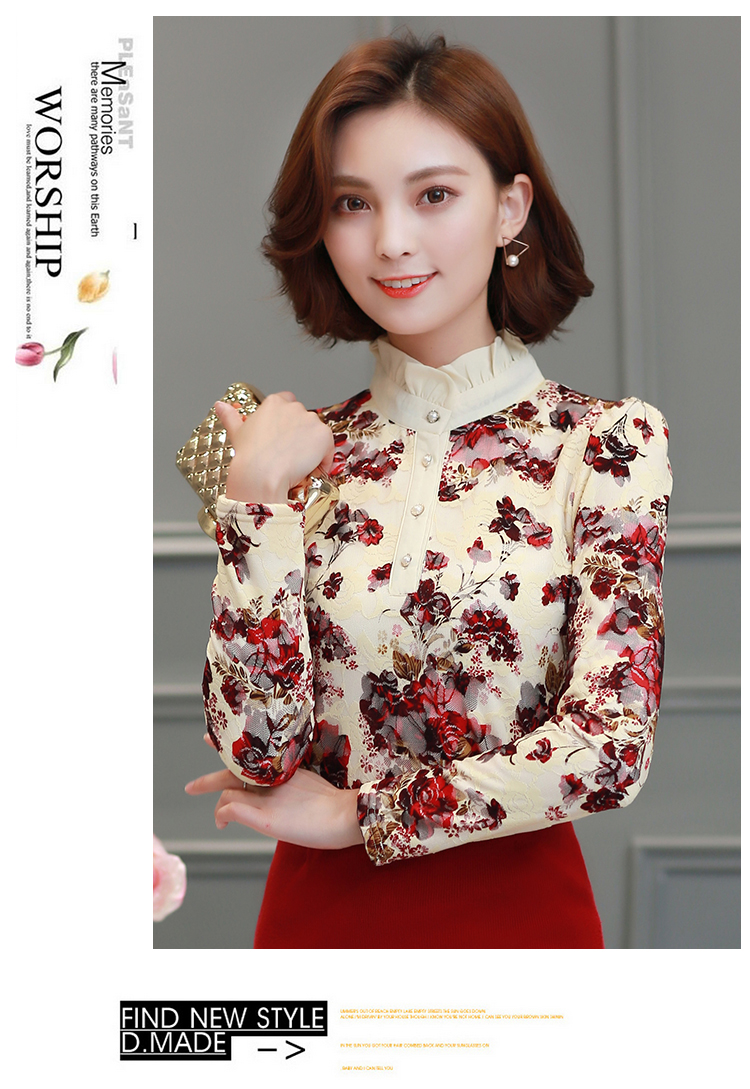 Cộng với áo nhung dày ren đáy áo sơ mi voan hoa mùa thu đông 2016 mẫu mới tay dài cổ cao nửa cổ áo sơ mi nữ nhỏ áo sơ mi họa tiết nữ