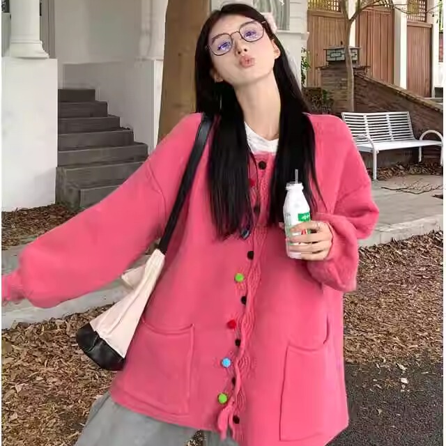 Soft and Sweet Pink Sweater Jacket for Women in Spring and Autumn, Loose and Lazy Style, Colorful Crochet Knitted Cardigan