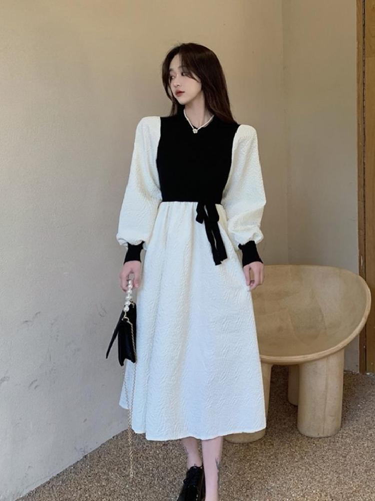 美伊针织拼接收腰连衣裙