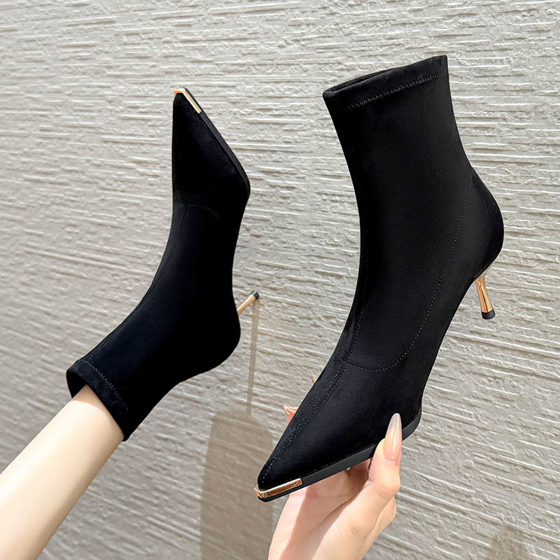 Fashionable Metal-Toe Black High-Heeled Short Boots for Women, Autumn and Winter 2026, Versatile Pointed Toe Stiletto Mid-Calf Stretch Slim Boots