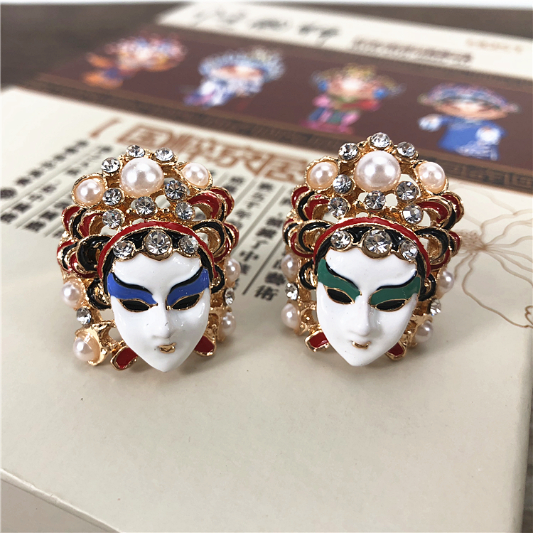 Creative Peking Opera knife Ma Dan mask ring ceramic diamond pearl ring girls trendy jewelry Chinese style small gifts