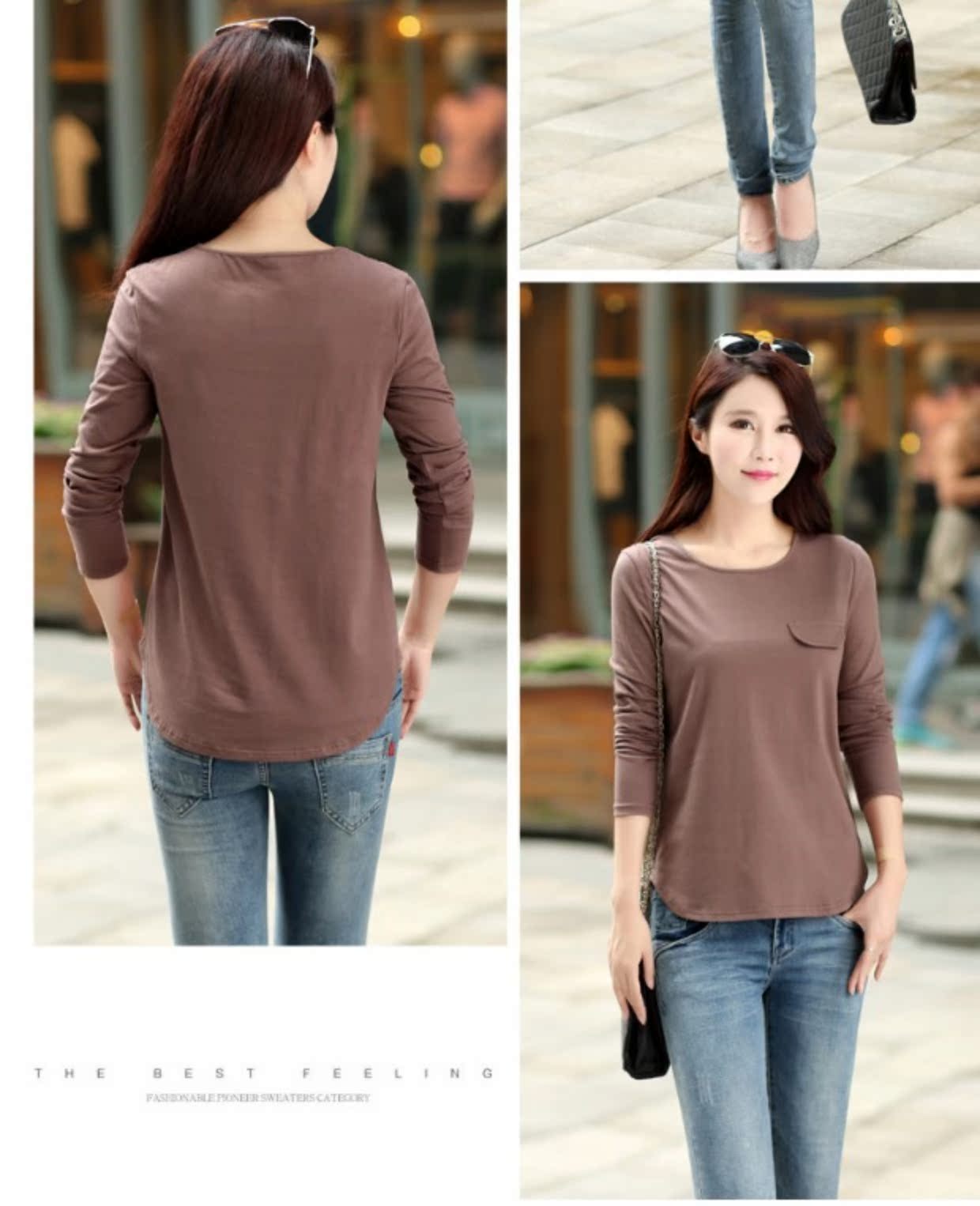 Áo len nữ mùa thu phiên bản màu trơn, áo sơ mi dài tay thời trang mới cho nữ mùa thu áo sơ mi cotton cổ tròn áo thun nữ đẹp