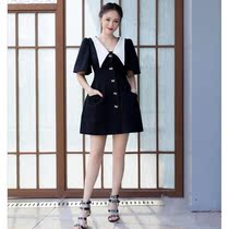 Chen Jons dress of the same style black doll collar waist thin A-line short-sleeved small black skirt summer new skirt