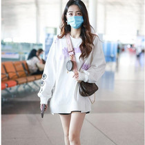 Xu Lu Airport same white loose large size pullover lazy long side open fork printing round neck Spring and Autumn Sweater