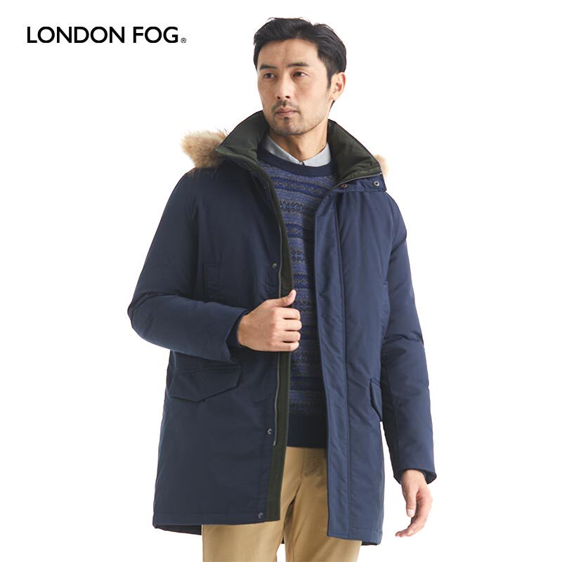 London Fog down Jacket with Contrasting Colors, Detachable Hood, Mid-Length Men's Winter Warm Thick Coat Lw19Wj821M