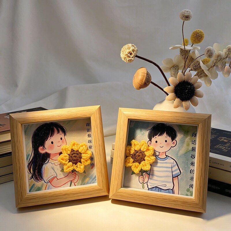 Crocheted Sunflower Hand-Painted Photo Frame Creative Gift Decoration for Mom Mother's Day Gift Room Decoration