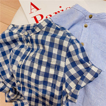 Chen Ma childrens shirt 2021 summer new boys and girls plaid stripes washed cotton shirt baby stand collar short sleeve shirt