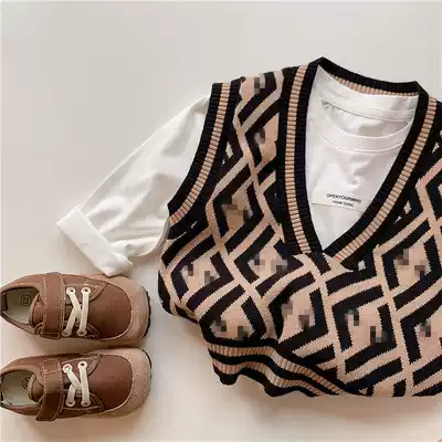 Chen Ma children's vest 2021 autumn knitted vest jacquard sleeveless vest V neck loose sweater big name horse clip