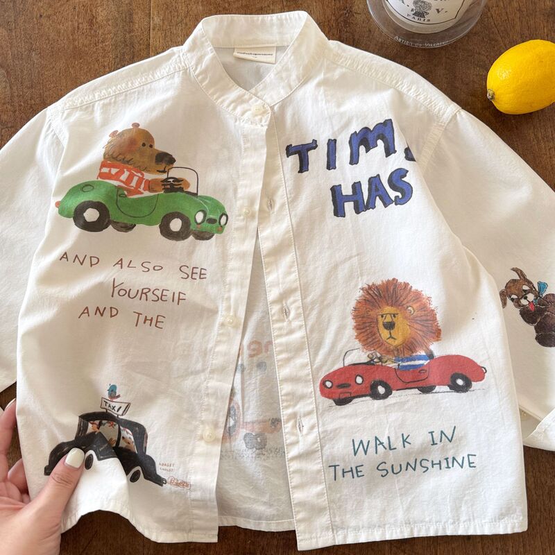 Children's Long-Sleeved Shirt 26 Autumn Boys' Japanese-Style Cartoon Graffiti Shirt for Toddlers and Young Children with Stand Collar Casual Top Children's Long-Sleeved Shirt 26 Autumn Boys' Japanese-Style Cartoon Graffiti Shirt for Toddlers and Young Children with Stand Collar Casual Top