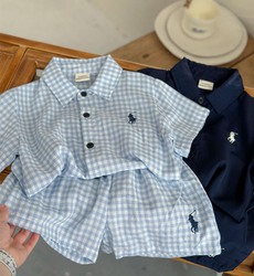 Chenma Children's Suit 2024 Summer Korean Style Japanese Trendy Brand Short-Sleeved Shirt for Boys and Girls, Baby Plaid Two-piece Set