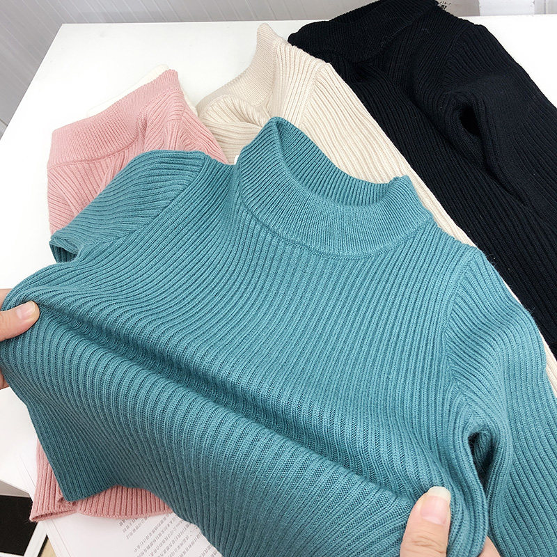 Chen Ma's Girls' Clothes Winter Children's Baby Plush Thickened Sweater Half High Collar Bottom Shirt Versatile Knitted Sweater