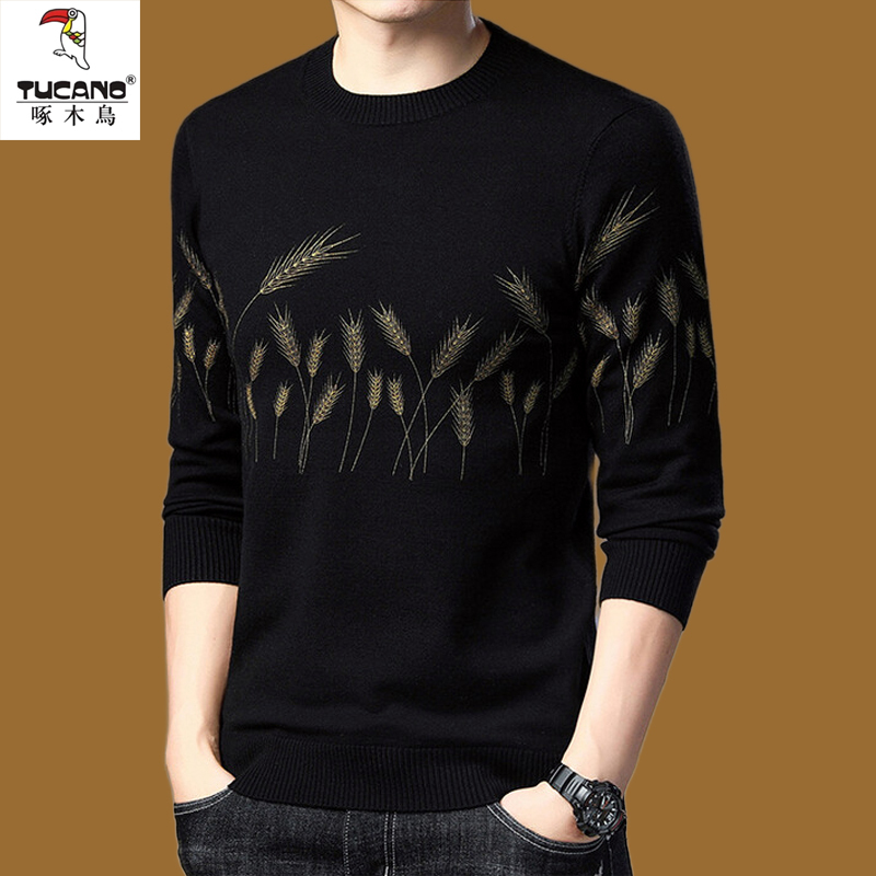 Woodpecker Wool Sweater for Men, Containing Sheep Wool, New Spring and Autumn Men's Round-Neck Knitwear, Fashionable and Trendy Thin Sweater
