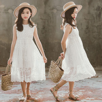 Super fairy childrens dress Western style big childrens summer dress 2021 new lace princess dress childrens embroidered pleated skirt