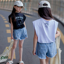 Girl Short Sleeve Suit Summer 2022 New Ocean Gas Children Trendy CUHK Child Summer Clothing Denim Shorts Two Sets