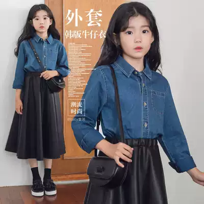 Korean version of women's dress autumn dress 2021 little girl shirt middle child casual loose denim shirt coat