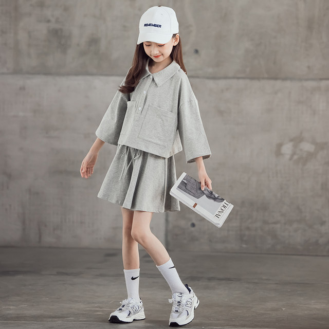 2023 summer new girls' foreign style pure cotton college style JK skirt suit casual skirt pants big boy two-piece set